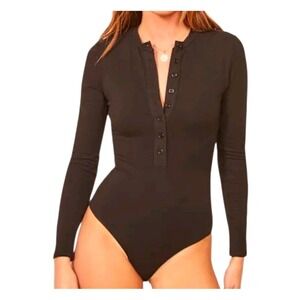 Reformation Jeans Size Medium Nisa Knit Bodysuit Black Henley Neck Long Sleeve